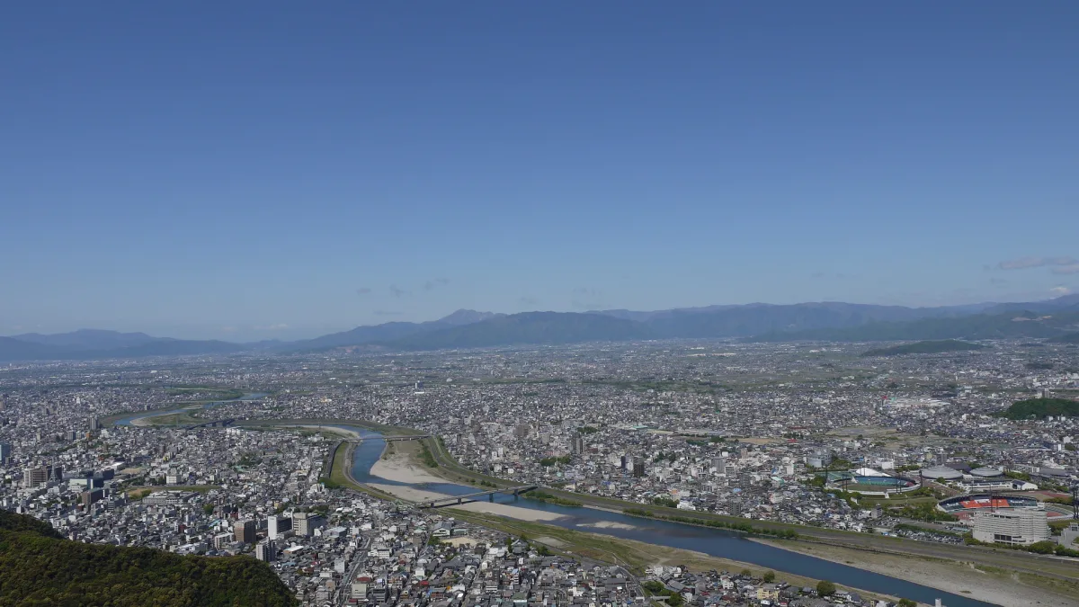 View over Gifu city and the Nagara River from the top of Mount Kinka