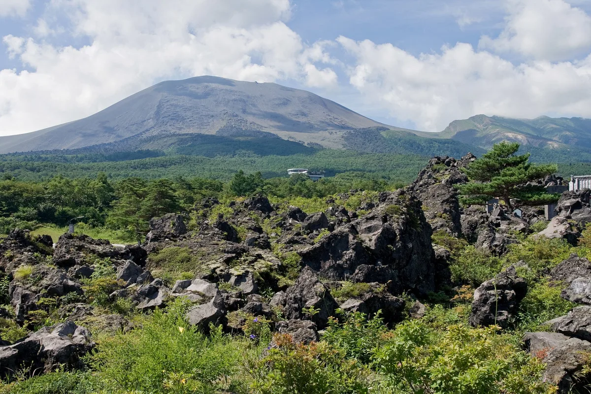 Black lava rocks and green shrubs at Onioshidashi with Mount Asama rising behind