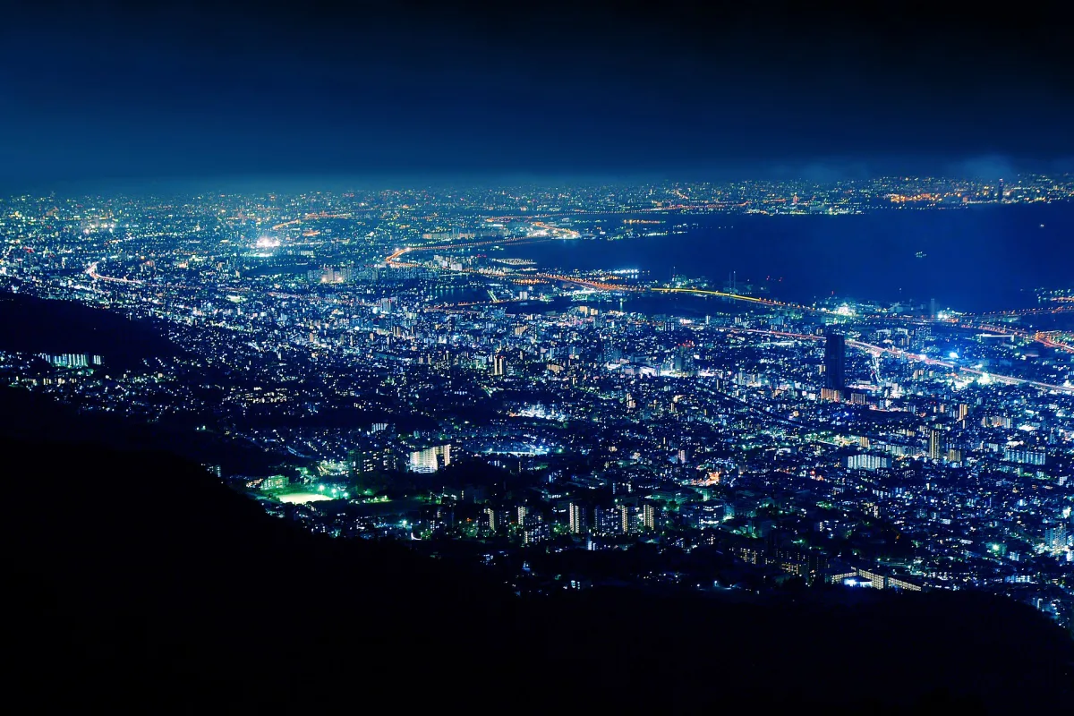 Night view of Kobe city lights and the bay from Kikuseidai on Mount Maya
