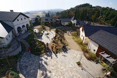 White European-style buildings and paths of Rokko Garden Terrace on Mount Rokko