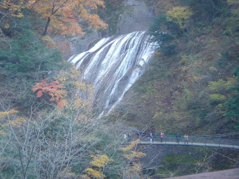 Fukuroda Falls in autumn with red and orange leaves and a suspension bridge below