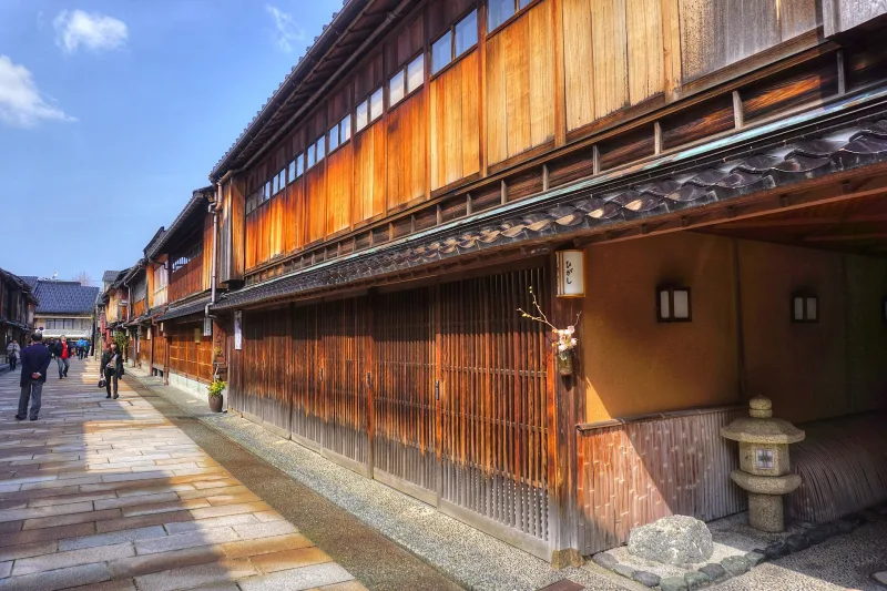 Close view of the fine wooden lattice fronts of teahouses in Higashi Chaya, Kanazawa