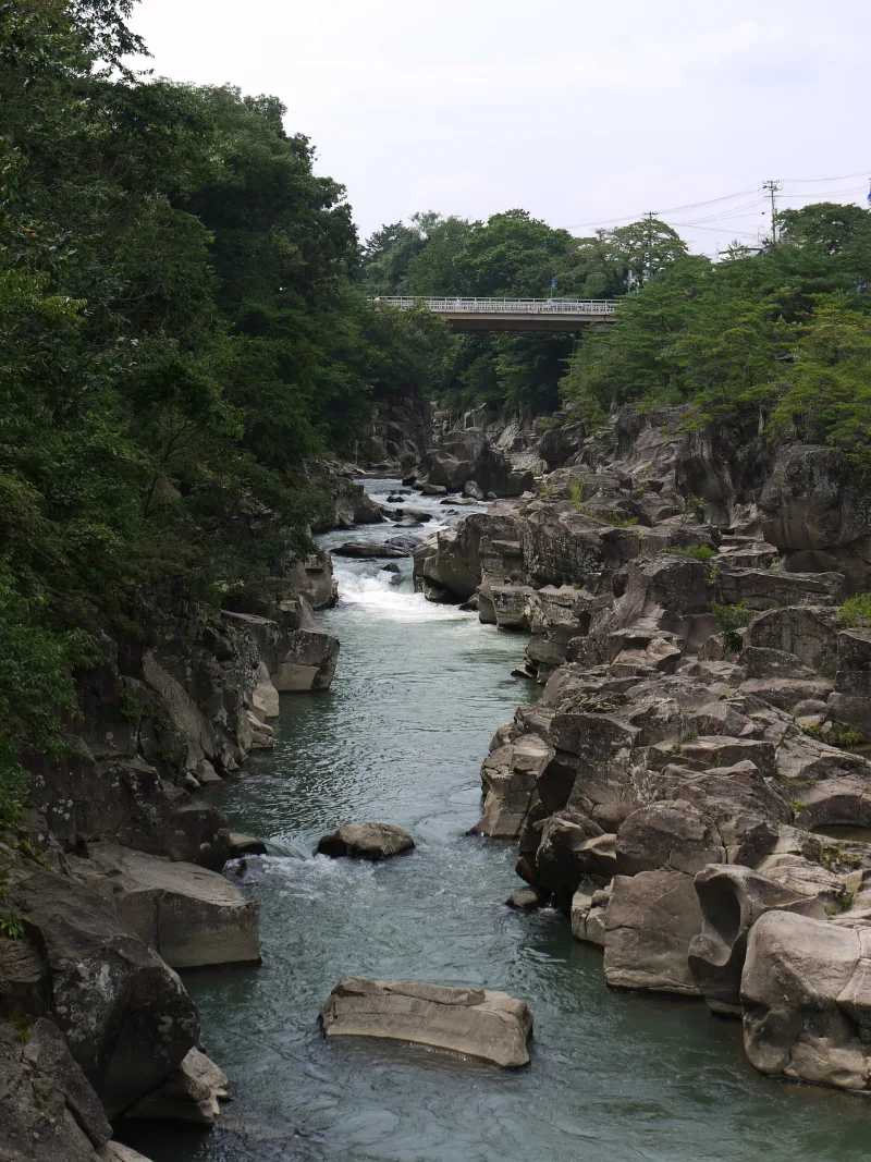 View down Genbikei Gorge from a bridge, with rapids between rocky banks and green trees