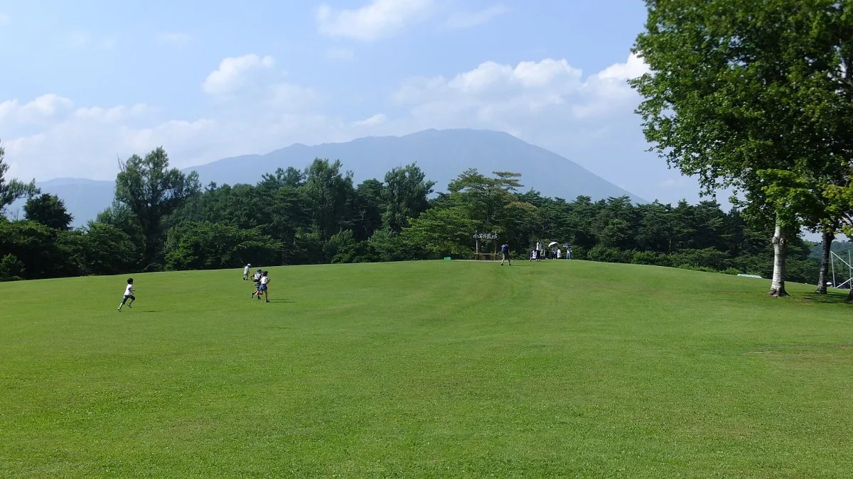 Wide green lawn at Koiwai Farm with Mount Iwate rising behind the trees in summer