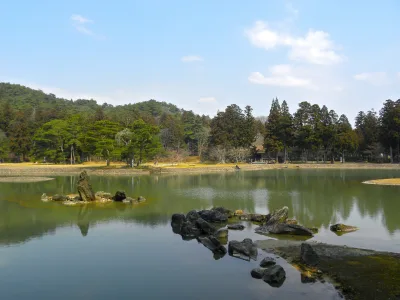 Rocky promontory and standing stone in the calm Oizumi-ga-ike pond of Motsuji's Pure Land garden