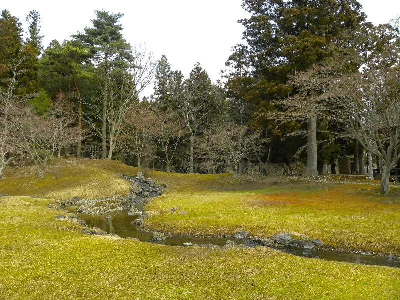 Yarimizu, a winding Heian-period stream running through moss and trees into Motsuji's pond