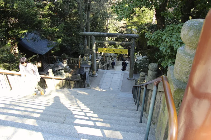 Stone steps and a torii on the long approach to Kotohira-gu