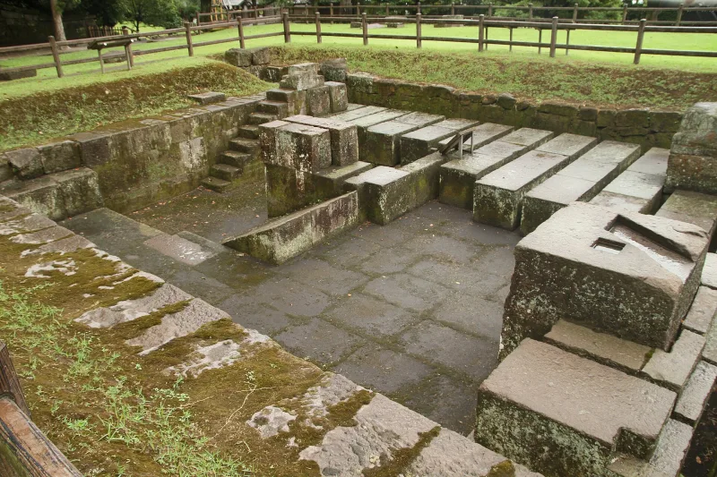 Stone foundations of the reverberatory furnace ruins in Sengan-en, a World Heritage site