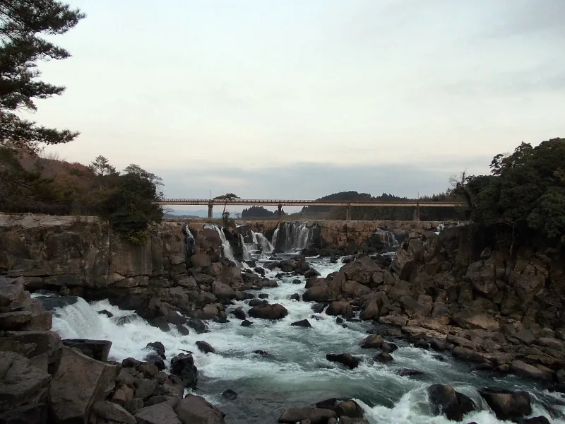 White water of Sogi Falls spreading across the Sendai River in Isa, Kagoshima