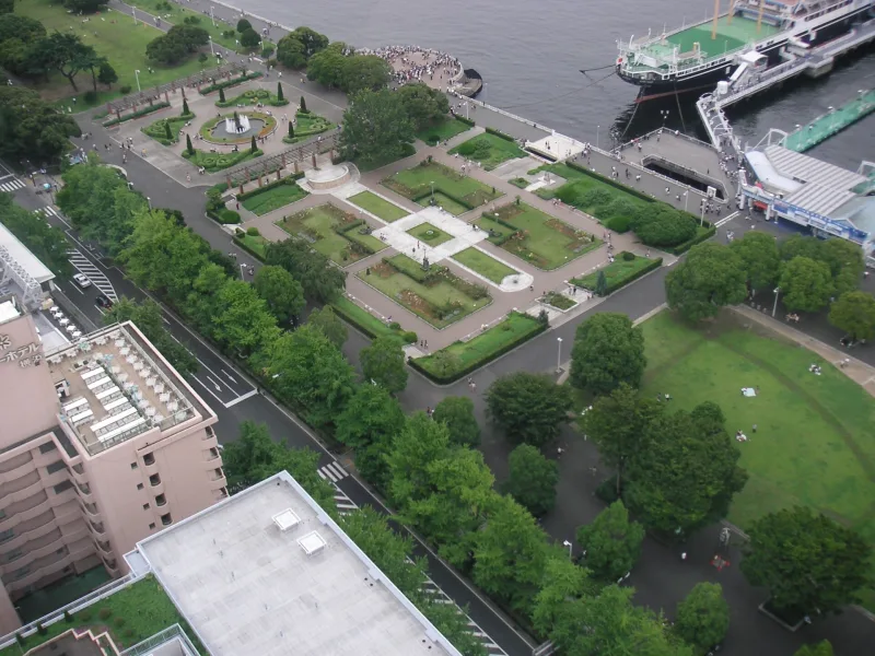 Yamashita Park and its rose garden seen from above, next to Yokohama harbour