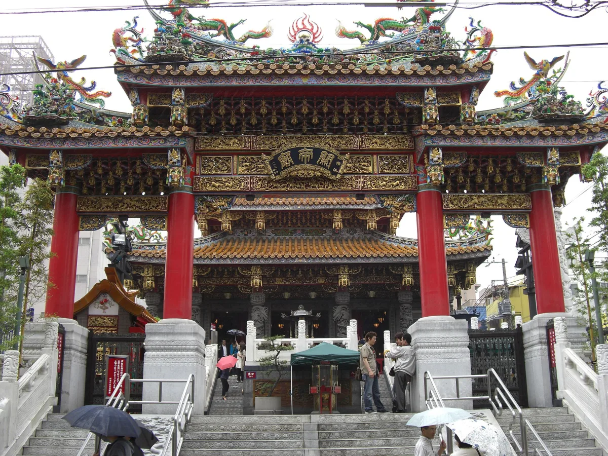 The ornate red and gold front gate of Kanteibyo temple in Yokohama Chinatown
