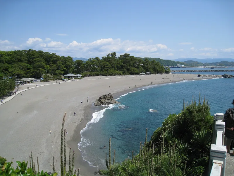 View from above of Katsurahama's long sandy beach and the sea