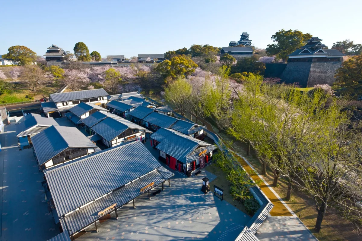 Rows of traditional-style shop buildings of Sakuranobaba Josaien below Kumamoto Castle