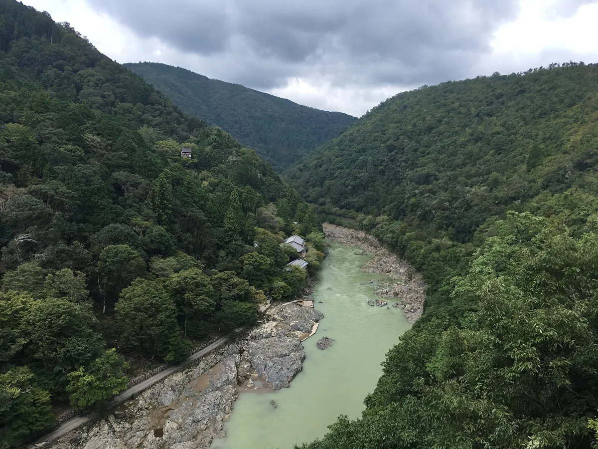 View of the Katsura River from the Arashiyama Park observation deck.