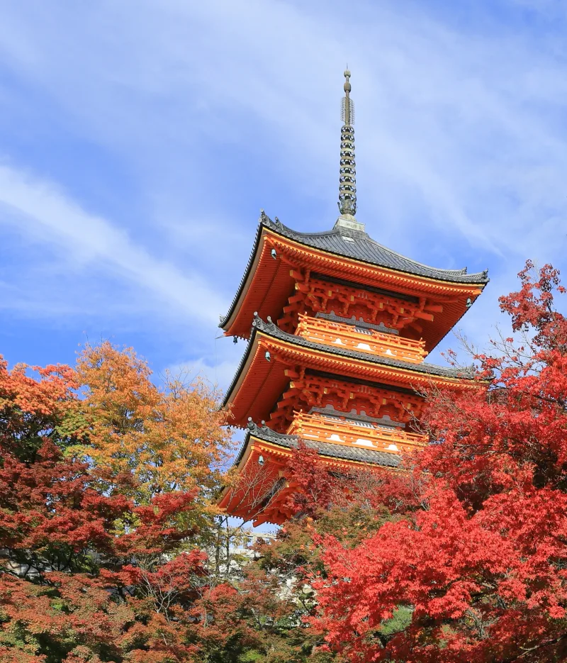 Vermilion three-story pagoda at Kiyomizu-dera framed by autumn foliage