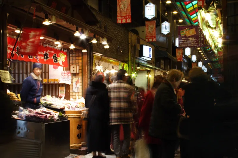 Busy shop counters in Nishiki Market during the year-end shopping season