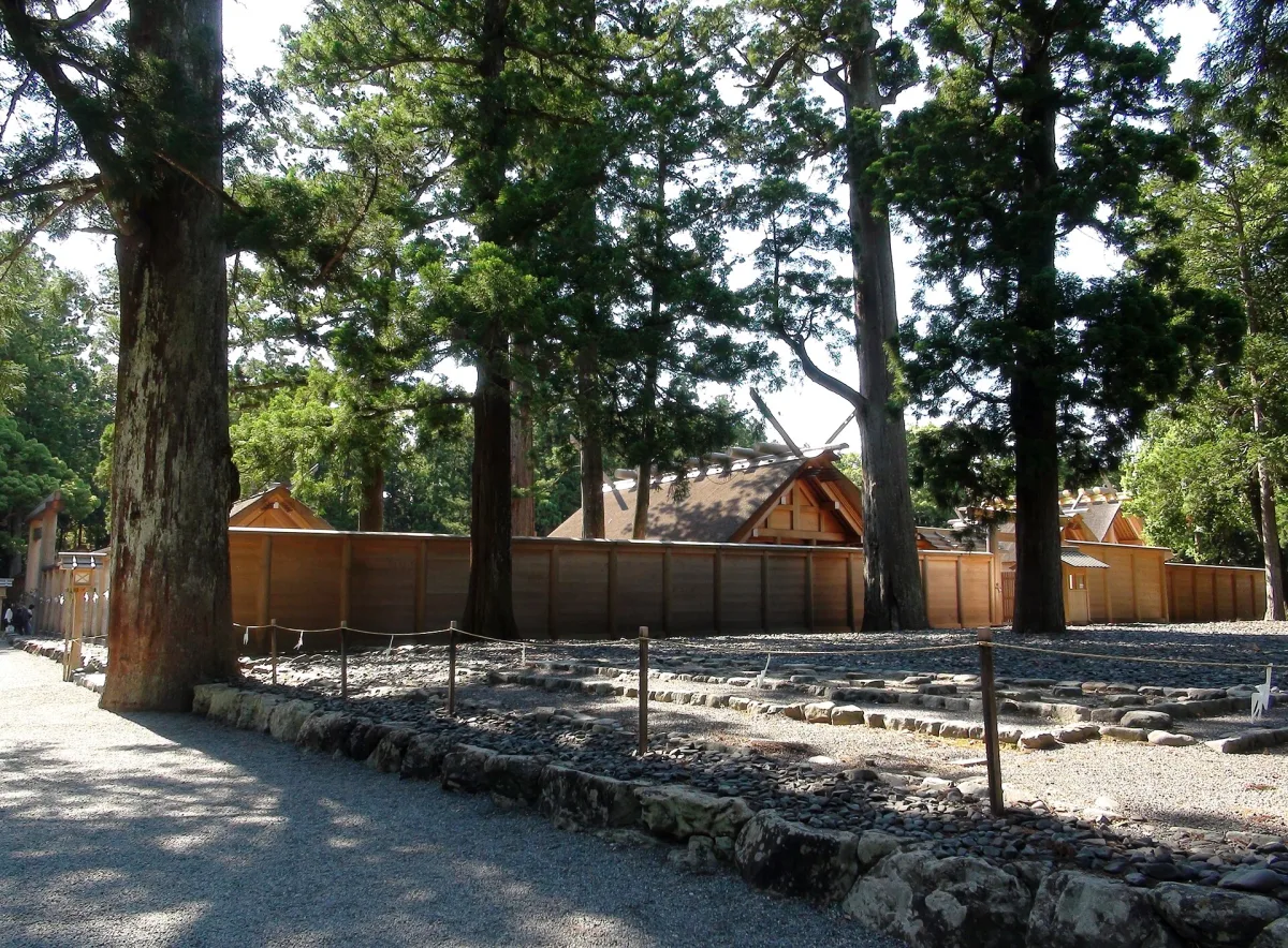 Wooden fences and tall cedars around the main sanctuary of Ise Grand Shrine's Geku