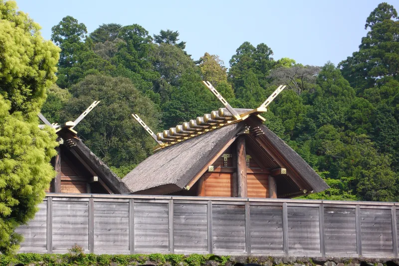 Thatched roofs with crossed wooden beams above a fence at Ise Jingu Naiku