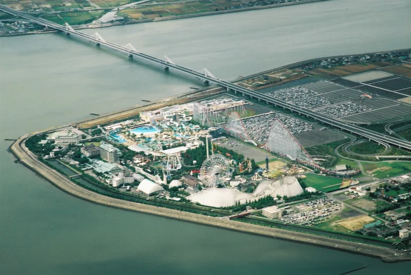 Aerial view of Nagashima Spa Land and its roller coasters on the riverside island of Nagashima