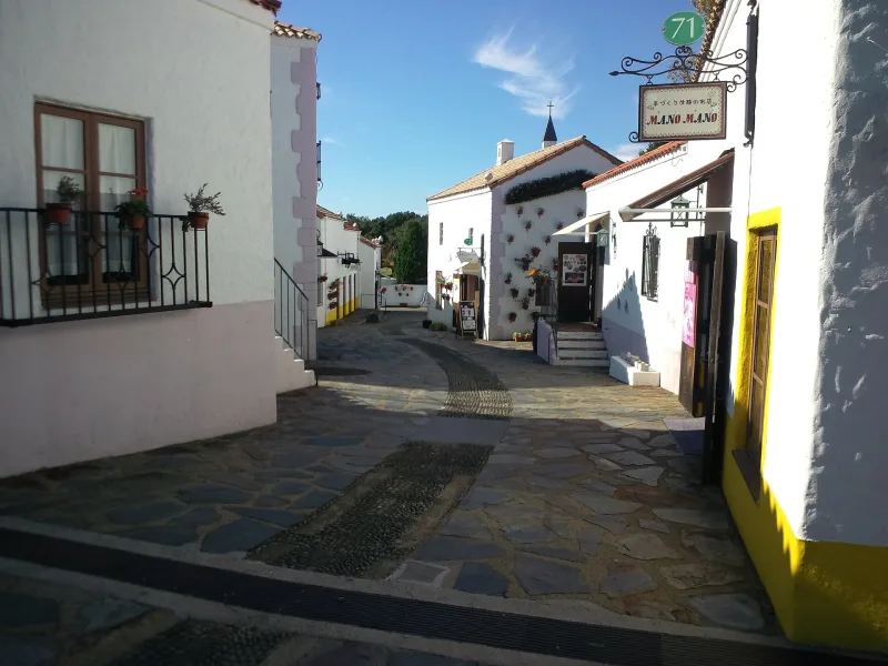 Narrow whitewashed Santa Cruz alley with flower-pot balconies at Shima Spain Village