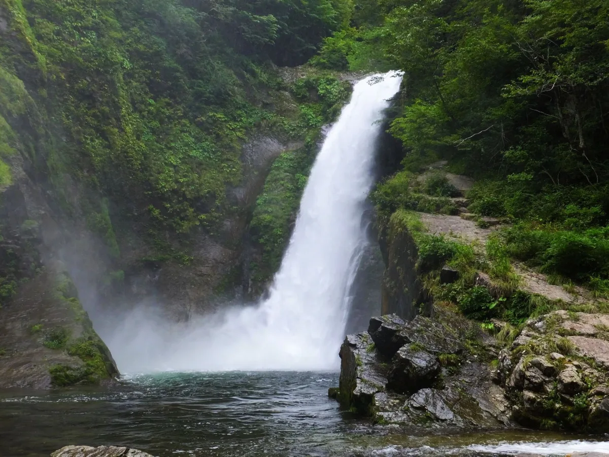 Akiu Great Falls pouring into a misty green pool surrounded by rocks and forest