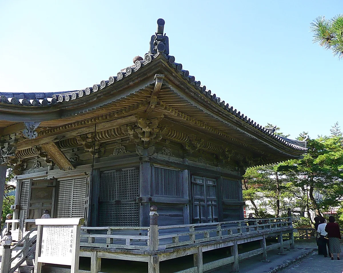 The wooden Godaido hall in Matsushima with its tiled roof and surrounding veranda