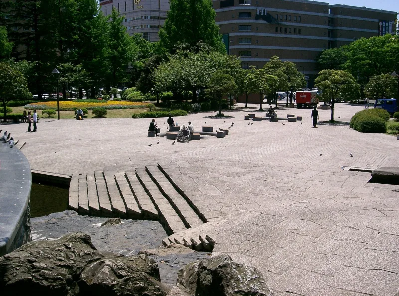 Open stone plaza and steps in Kotodai Park in central Sendai