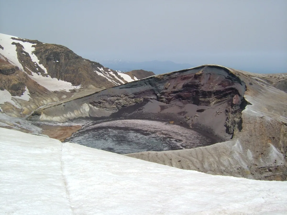 Okama Crater Lake in the volcanic basin of Mount Zao