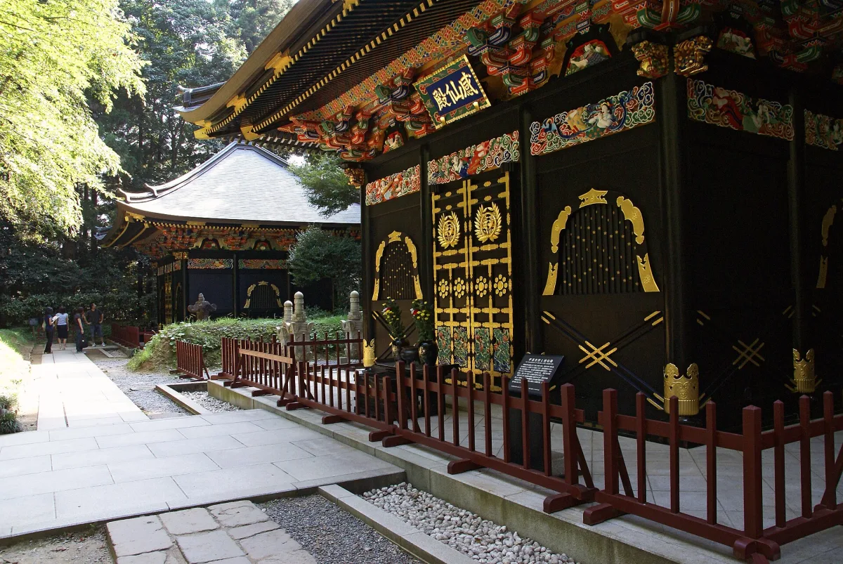 Black lacquered mausoleum hall with gold and colorful carvings at Zuihoden, Sendai
