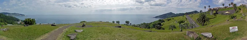 Panorama of the green hillside park of Sun Messe Nichinan overlooking the sea and the Nichinan coast