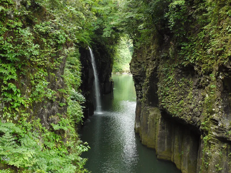 Takachiho Gorge with Manai Falls seen from the riverside walking path