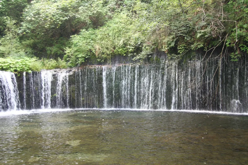 Wide curtain of small waterfalls above a clear pool in the forest at Shiraito Falls, Karuizawa