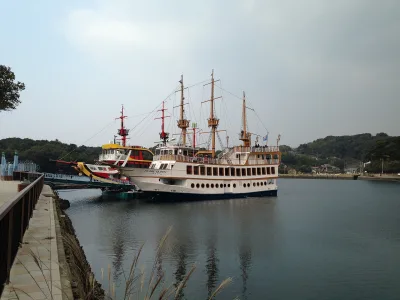 The white sightseeing boat Pearl Queen moored at Kujukushima Pearl Sea Resort