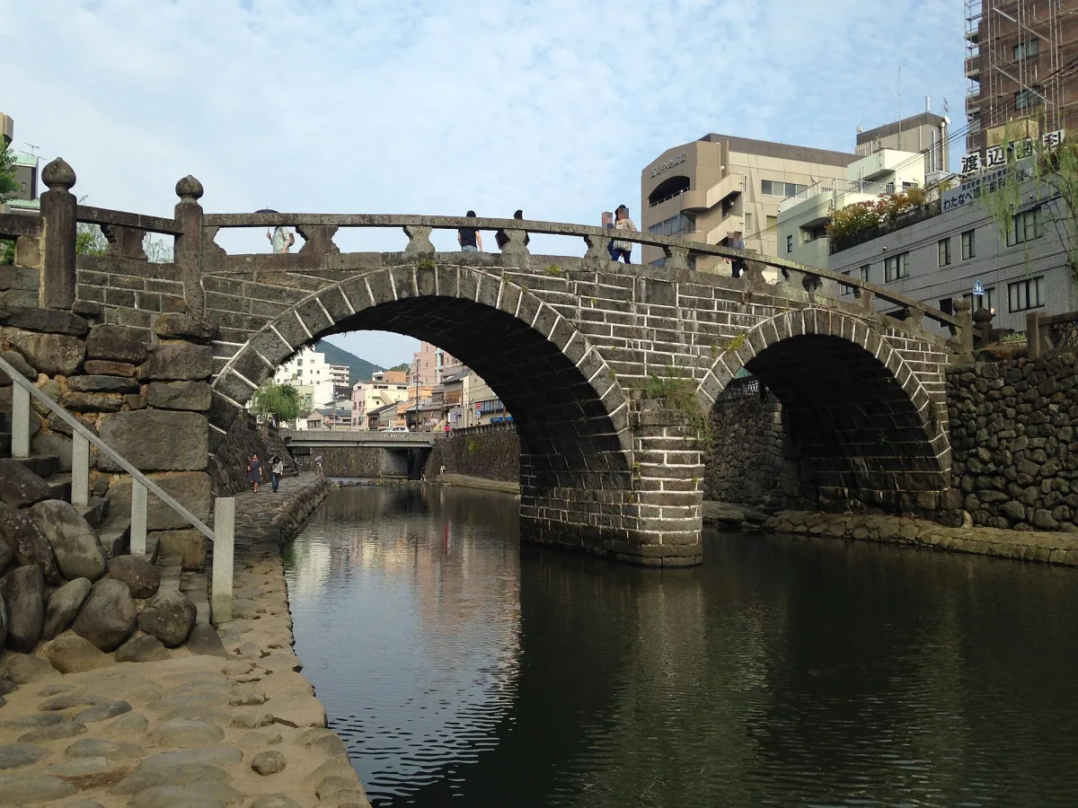 Double-arched stone Meganebashi Bridge over the Nakashima River in central Nagasaki
