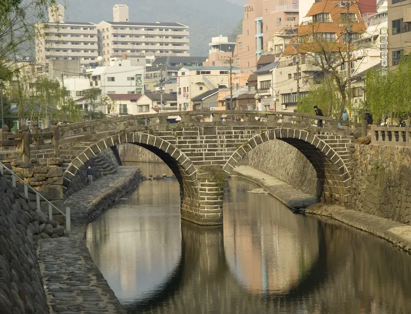 Meganebashi's two arches reflected in the river, forming the shape of spectacles