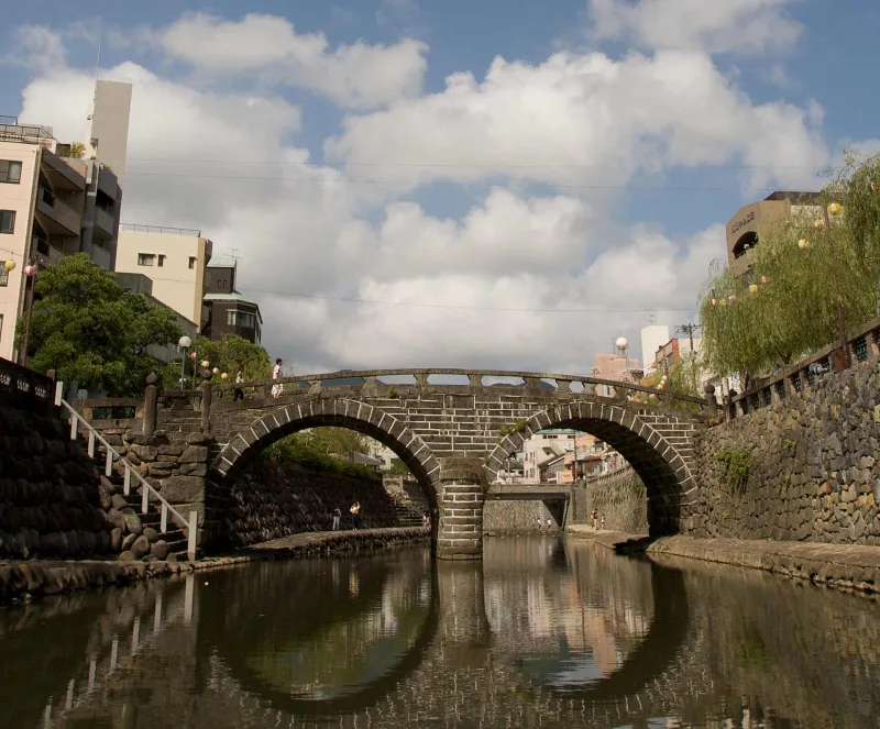 Stone Meganebashi Bridge seen along the Nakashima River under a blue sky