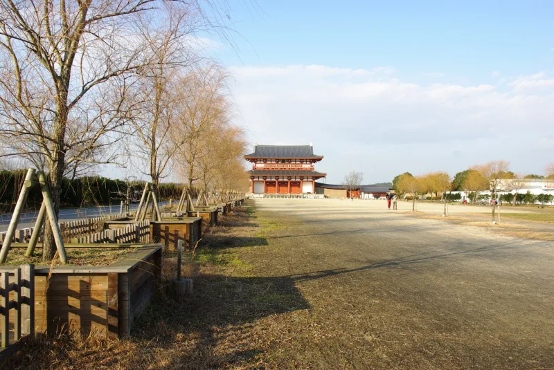Suzakumon Gate seen at the end of the wide Suzaku avenue at the Heijo Palace site