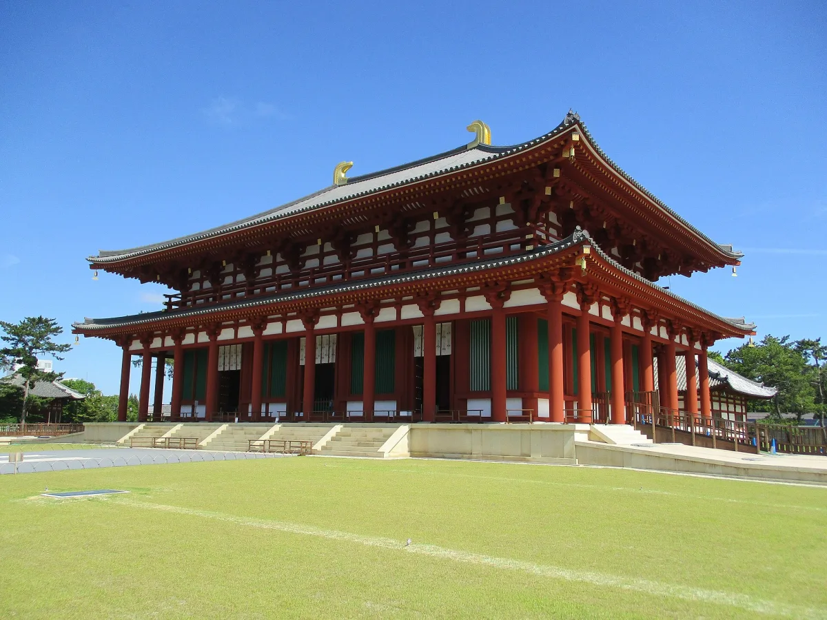 The vermilion Central Golden Hall of Kofuku-ji in Nara under a blue sky