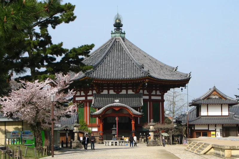 The octagonal Nan'endo hall of Kofuku-ji with cherry blossoms in front