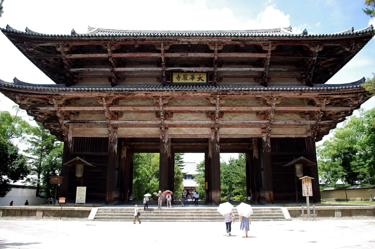 The huge two-storey wooden Nandaimon, the Great South Gate of Todaiji, with visitors below