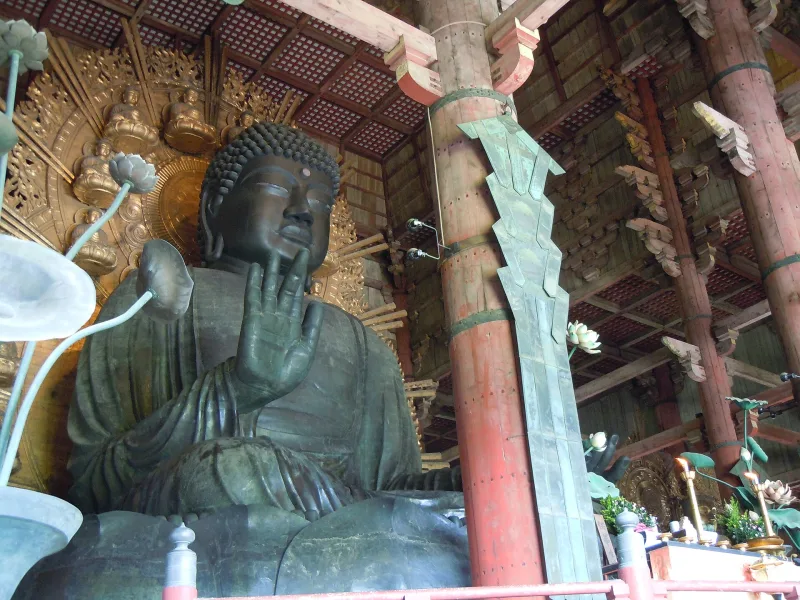 The bronze Great Buddha of Todaiji seated inside the Great Buddha Hall