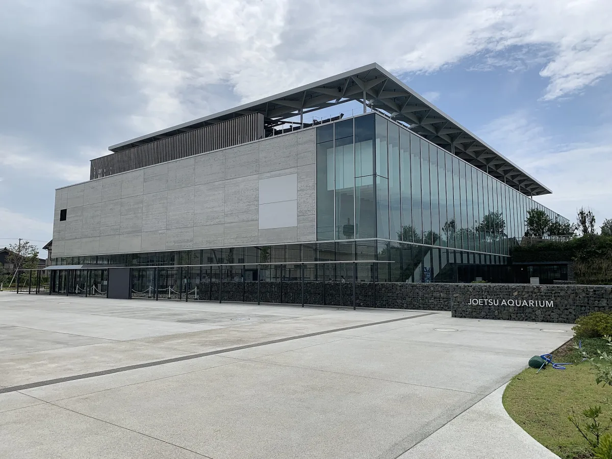 Modern glass-and-stone building of the Umigatari aquarium in Joetsu, Niigata