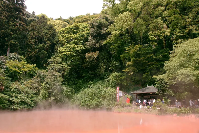 Red hot-mud pond of Chinoike Jigoku below a wooded hillside