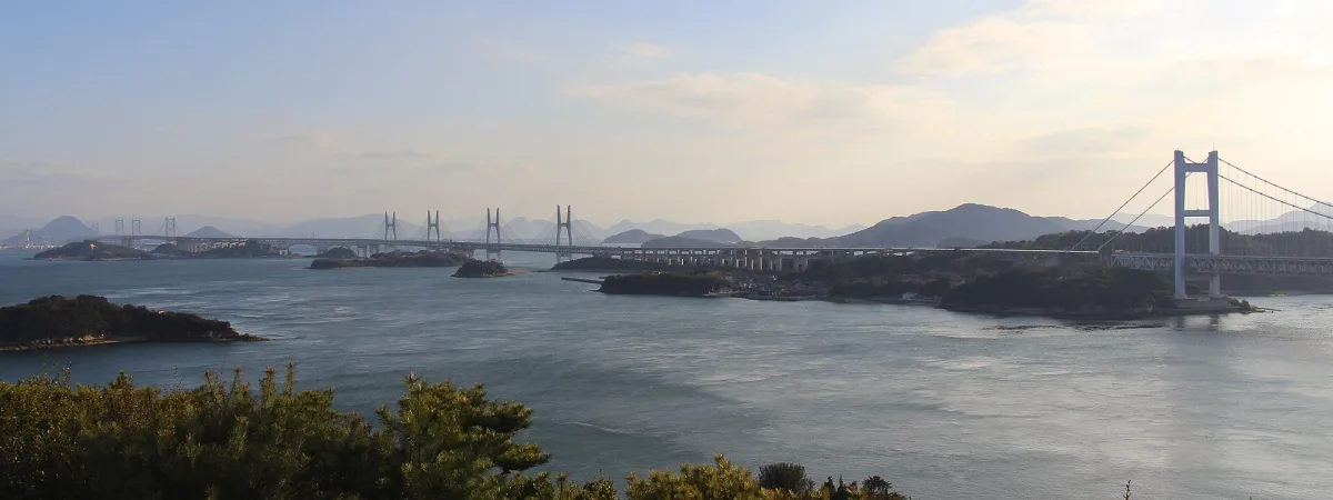 Panoramic view of the Great Seto Bridge and islands from the Washuzan observation area