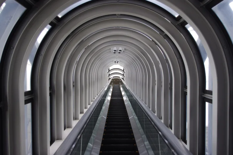 The tube-shaped sky escalator leading up to the Floating Garden Observatory