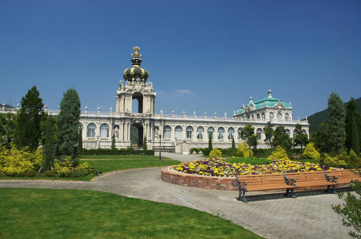 Replica of Dresden's Zwinger Palace with flower beds at Arita Porcelain Park