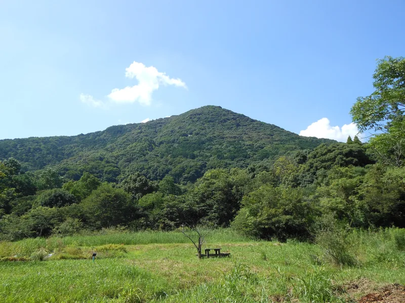 Mount Kinryu rising behind a grassy meadow in Kinryu Park