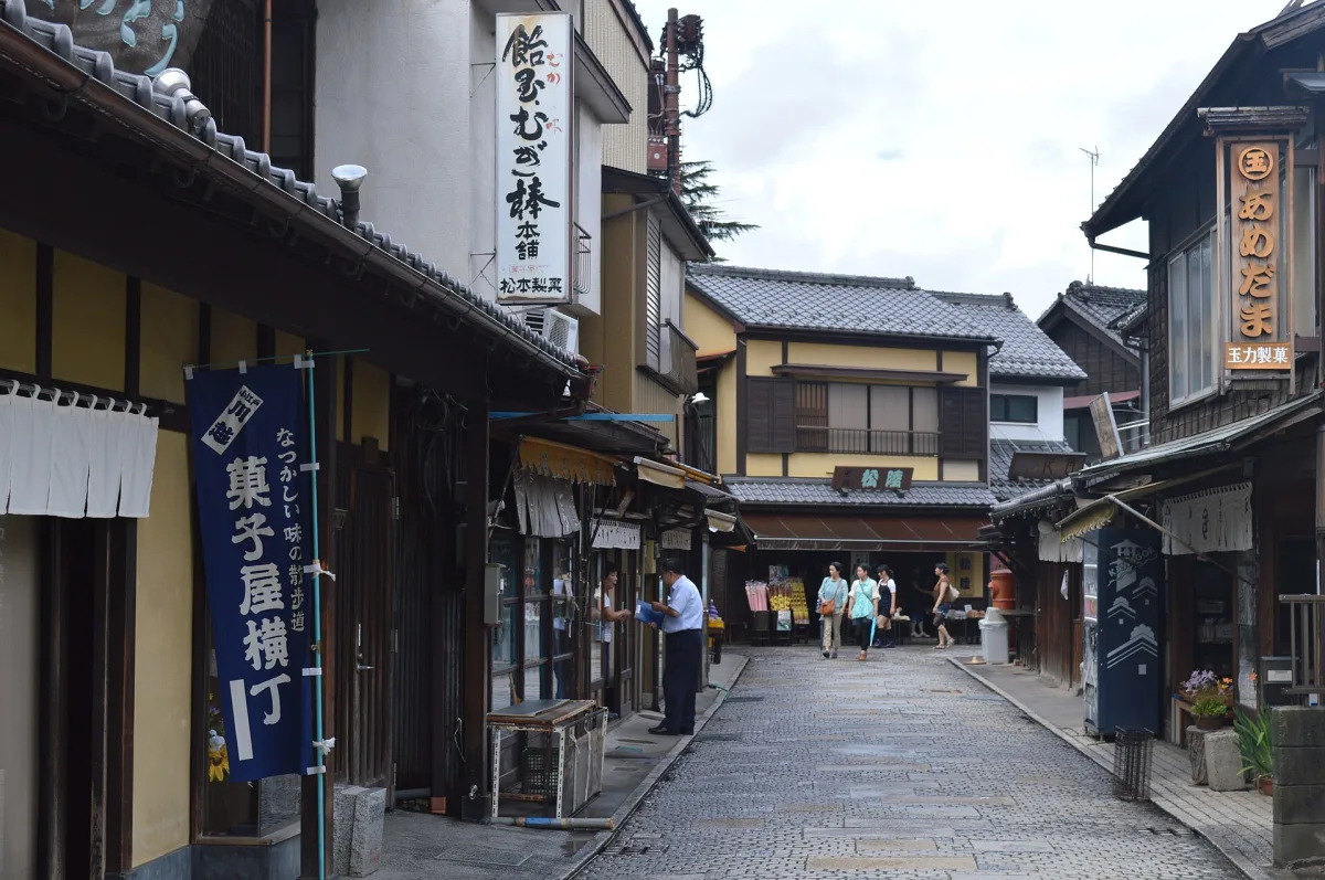 A narrow stone-paved lane lined with old wooden candy shops in Kashiya Yokocho, Kawagoe