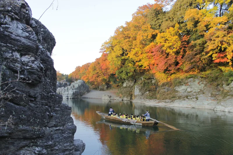 Wooden river boat passing rocky cliffs and autumn leaves in the Nagatoro gorge