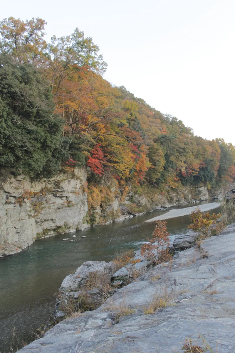 Flat layered rock slabs of the Iwadatami beside the river in autumn
